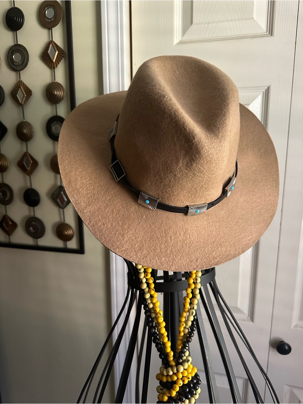 Steve Madden Tan Felt Wide Brim Fedora Hat - Turquoise Concho Band